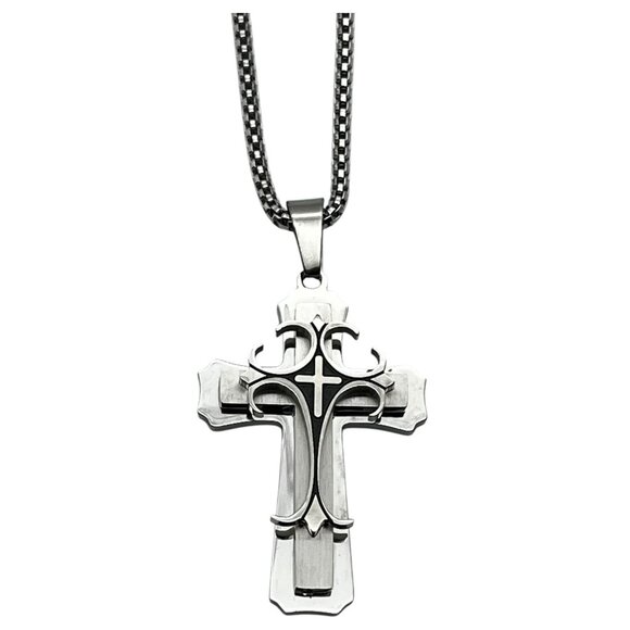 Mens Medieval Stainless Steel Cross Pendant Necklace With Box Chain - Picture 1 of 13